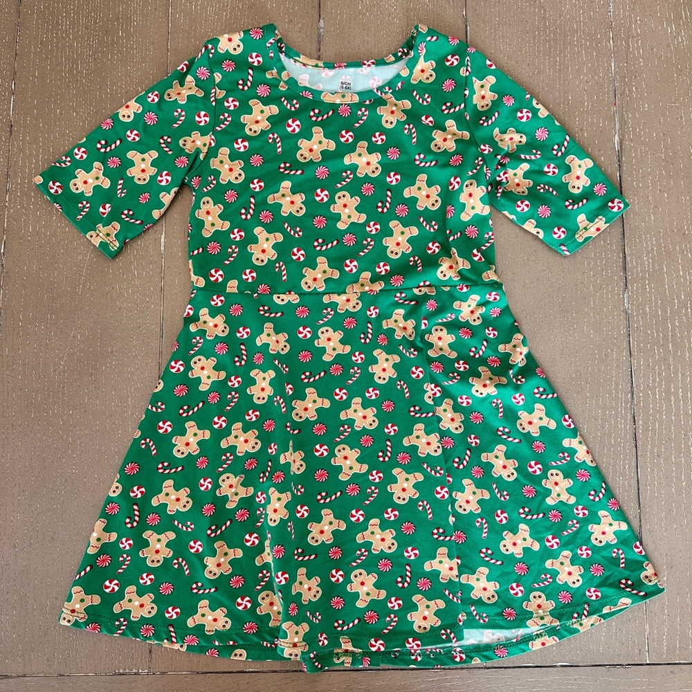 Toddler Girls Green Gingerbread Candy Cane Holiday Print Dress • Size Small (6X)